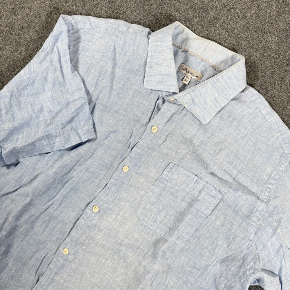 Peter Millar Shirt Mens 2XL Blue 100% Linen Button Up Short Sleeve Lightweight